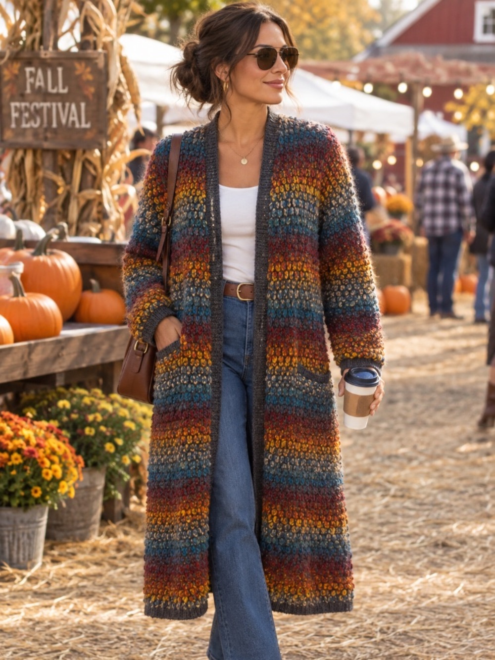 Christopher & Banks Marled Rainbow Long Duster Hook & Eye Open Front Indie Boho